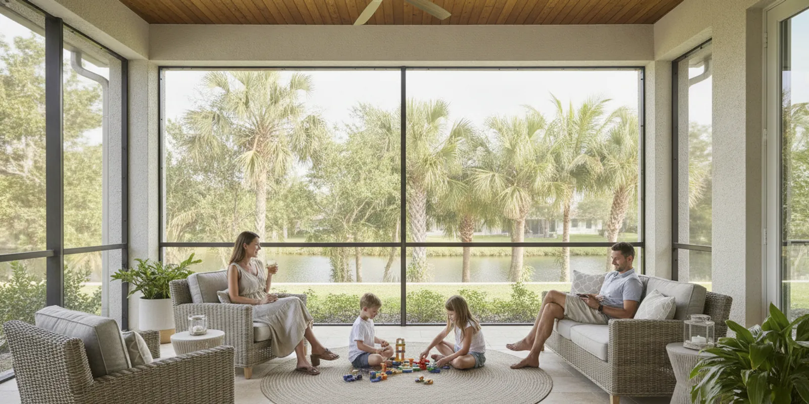 A Florida home's screened lanai with a broad opening looking out to a green garden