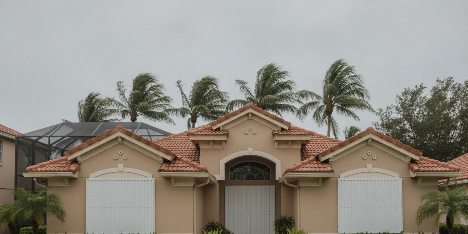Home with closed hurricane shutters in a Southwest Florida neighborhood