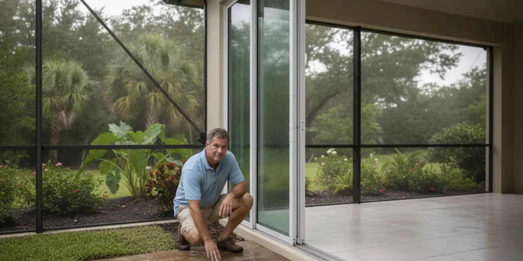 Homeowner inspecting a low patio-door threshold beside a lanai before a flood-barrier consultation