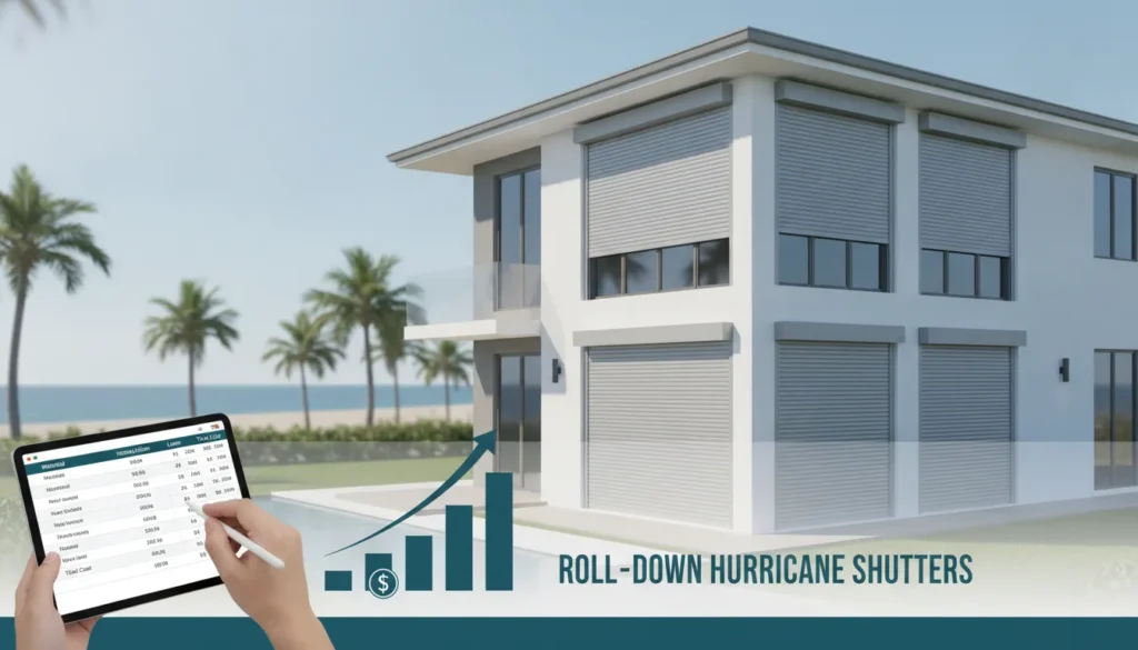 Modern beach house with roll-down hurricane shutters closed over its windows.